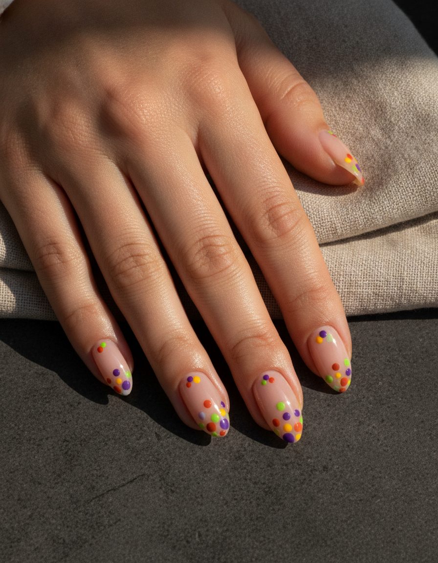 A hand resting on oat linen with nude almond nails, each finished with small hand-placed dots in marigold, orange, violet and green.