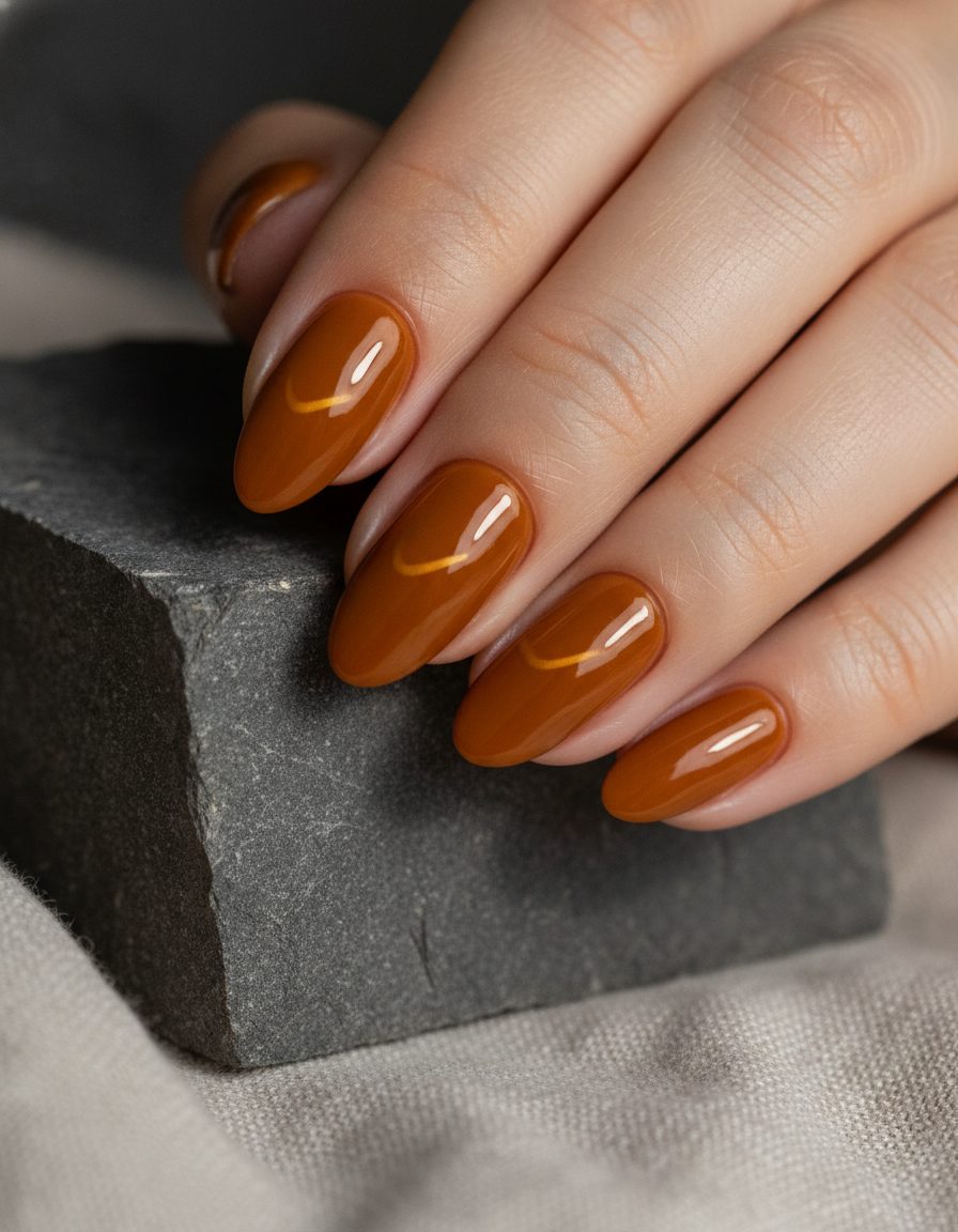 Almond nails in a deep clay lacquer resting against a slate block and pale linen.