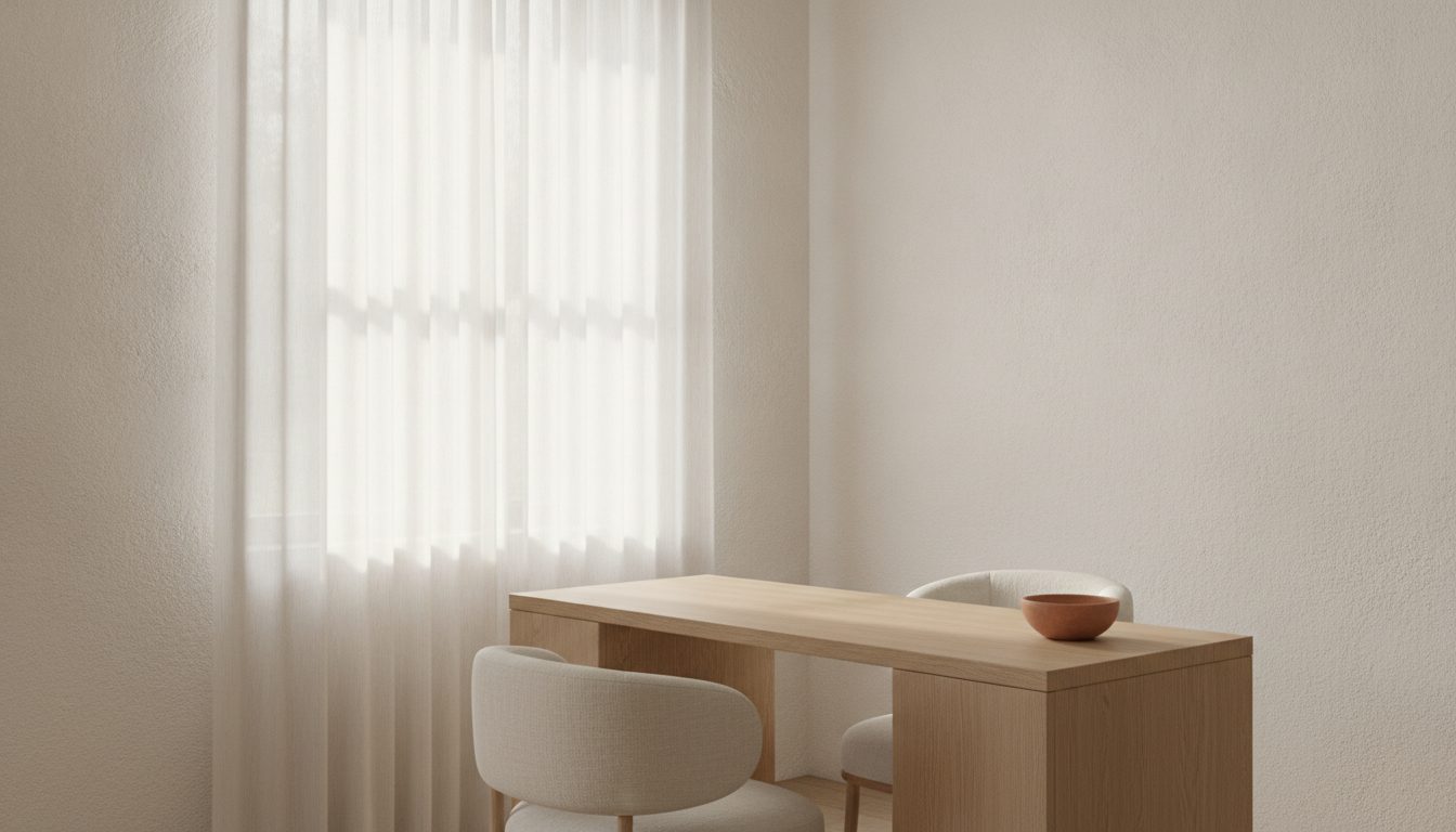 A quiet manicure table in warm daylight: pale oak top, cream linen chairs, a small terracotta bowl, sheer curtains at the window.