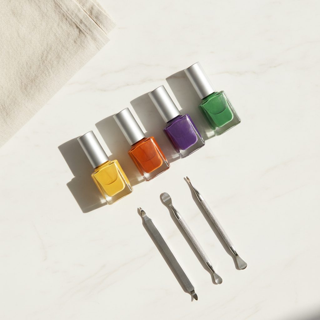 Four polish bottles in marigold, orange, violet and green beside three steel cuticle tools on warm white marble.